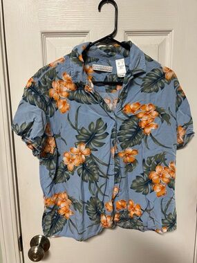 Vintage First Issue by Liz Claiborne Blue Hawaiian Shirt Orange Floral Print